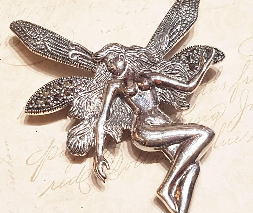 Silver Marcasite Art Nouveau Fairy Brooch Pendant Necklace - The Hirst Collection