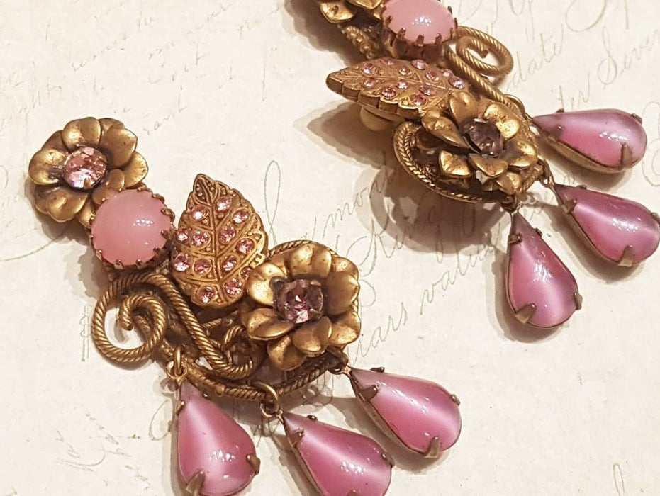 Butler and Wilson Earrings Clip On Flower Leaf Pink Glass Gold Filigree Vintage - The Hirst Collection