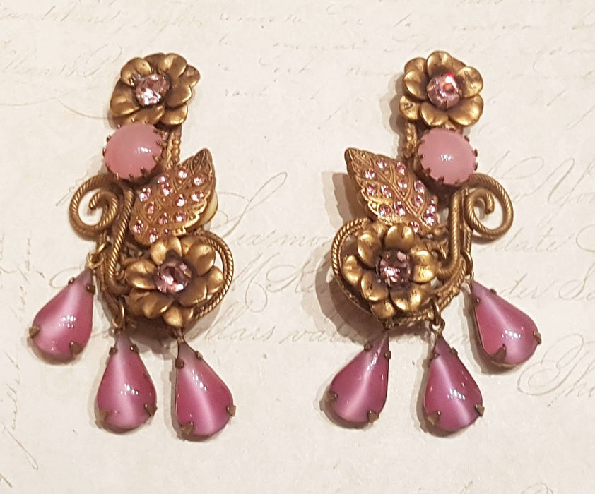 Butler and Wilson Earrings Clip On Flower Leaf Pink Glass Gold Filigree Vintage - The Hirst Collection