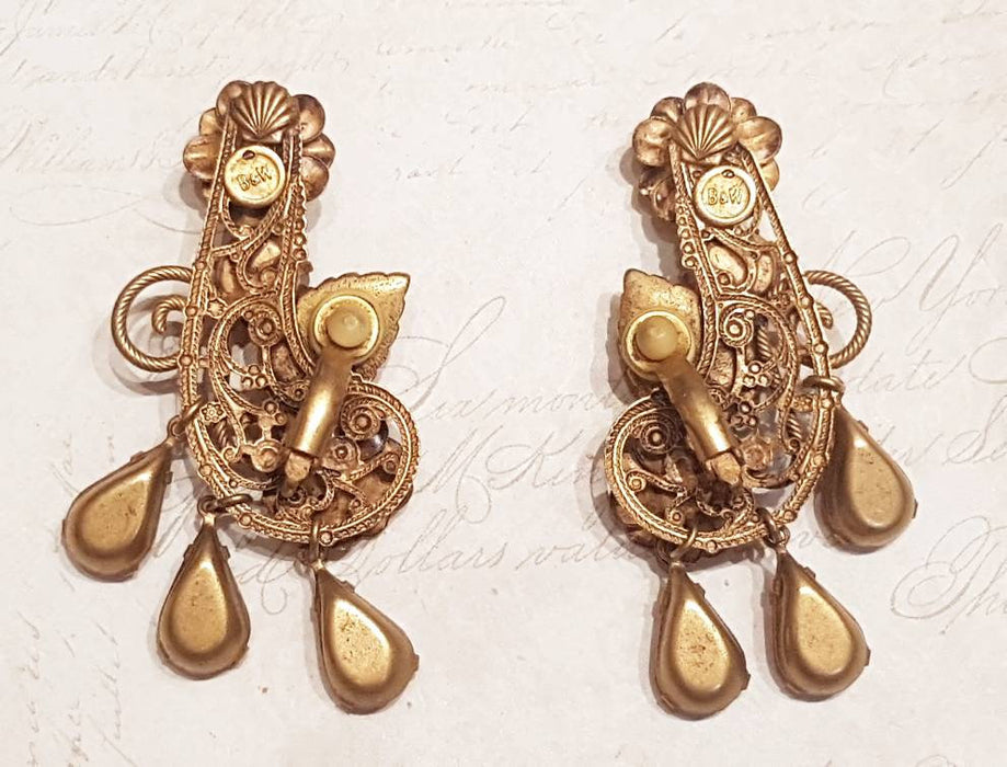 Butler and Wilson Earrings Clip On Flower Leaf Pink Glass Gold Filigree Vintage - The Hirst Collection