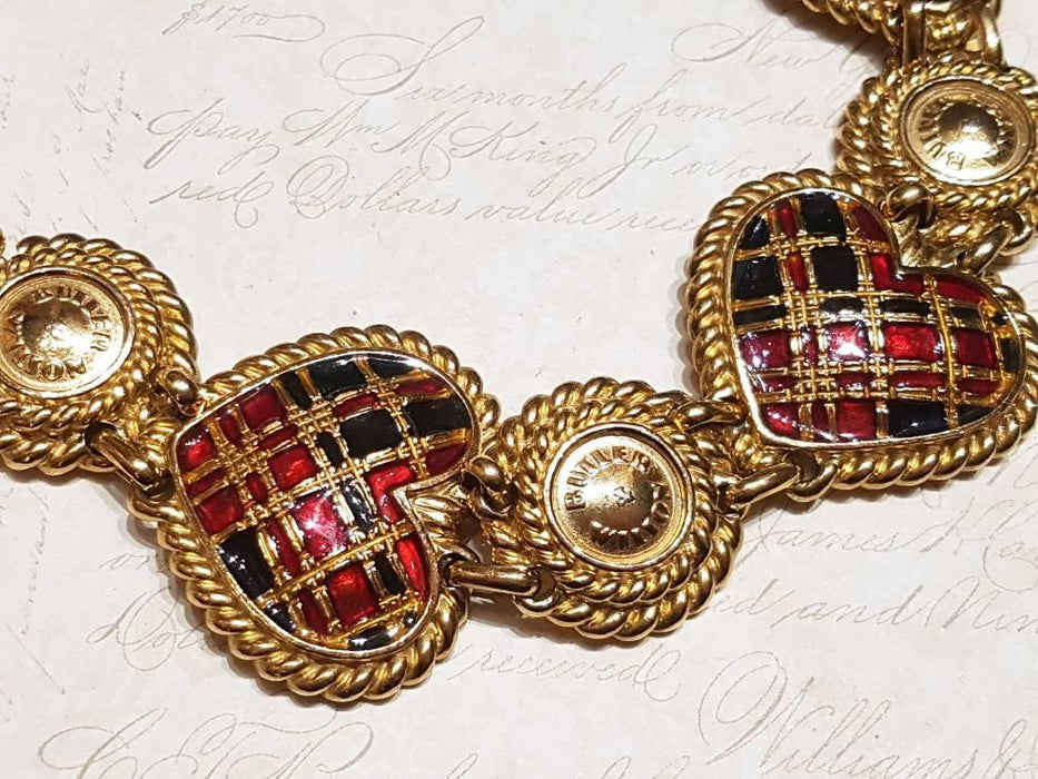 Butler and Wilson Heart Bracelet Gold Enamel Tartan Punk Vintage Signed - The Hirst Collection