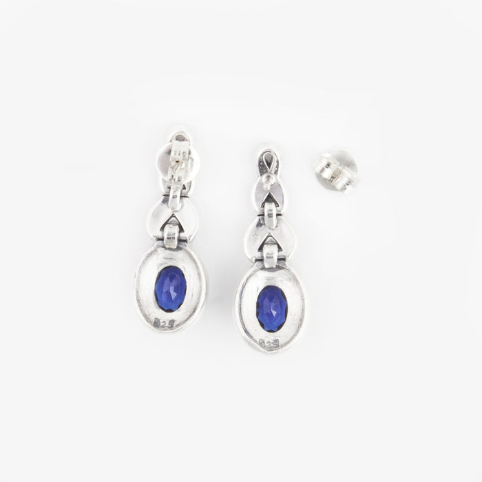 Silver Marcasite Sapphire Earrings Oval Blue Crystal - The Hirst Collection