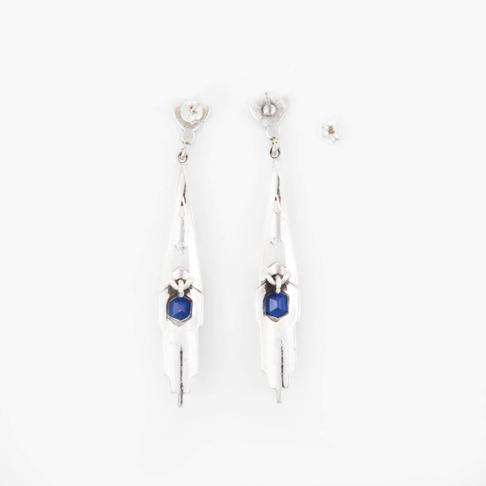 Silver Marcasite Art Deco Style Sapphire Royal Blue Earrings - The Hirst Collection