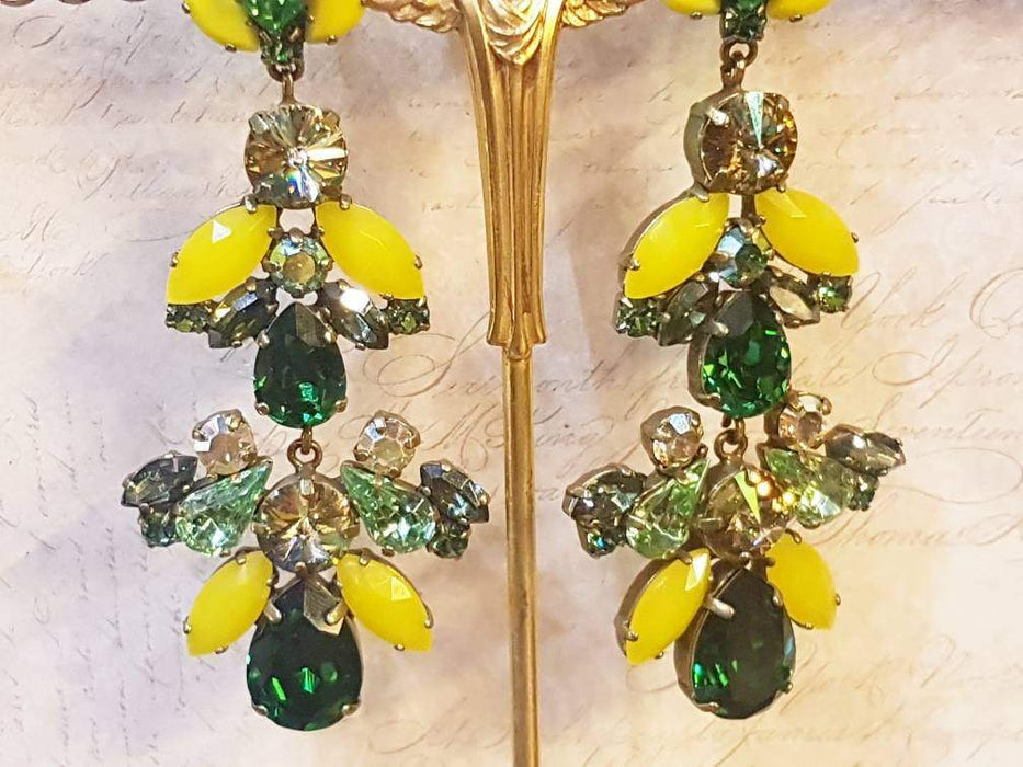 Green Yellow Statement Earrings Swarovski Crystal Chandelier Pierced by Frangos - The Hirst Collection