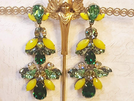 Green Yellow Statement Earrings Swarovski Crystal Chandelier Pierced by Frangos - The Hirst Collection