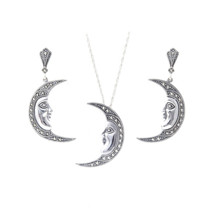 Moon Face Earrings Silver Marcasite Large - The Hirst Collection