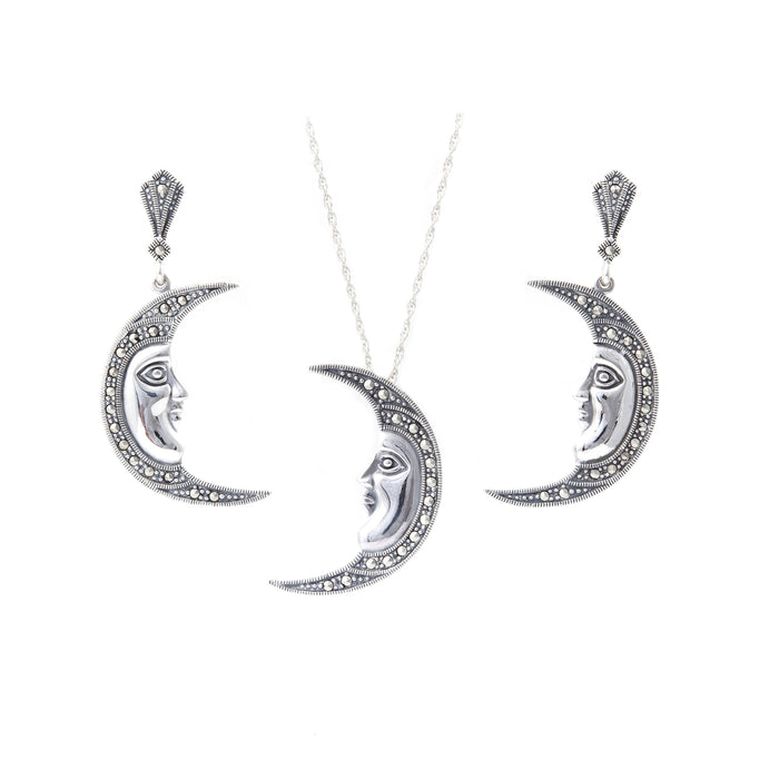 Sterling Silver Marcasite Moon Face Brooch/ Pendant - The Hirst Collection