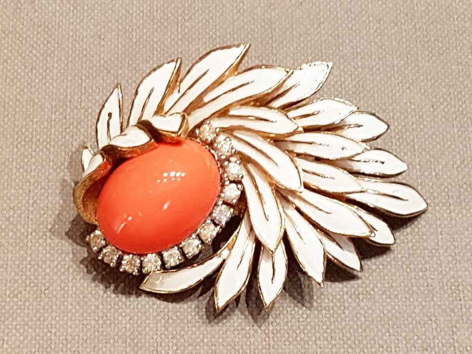 Jomaz Flower Leaf Brooch Coral White Crystal Vintage - The Hirst Collection