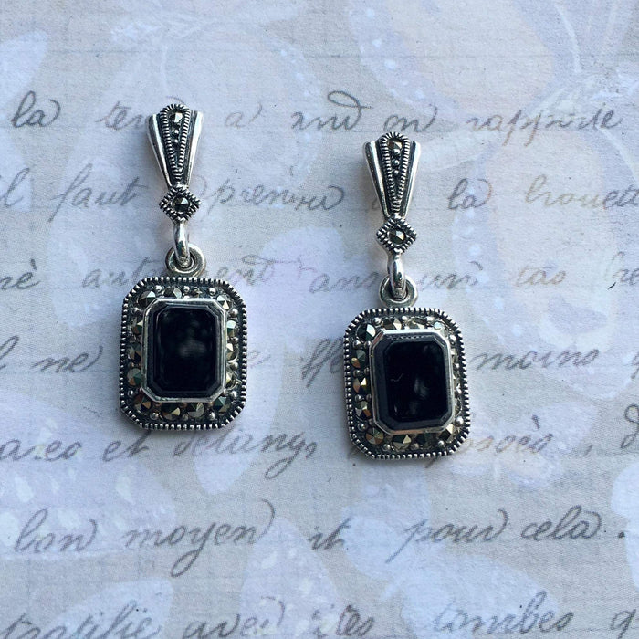 Art Deco Earrings Black Onyx Silver Marcasite - The Hirst Collection