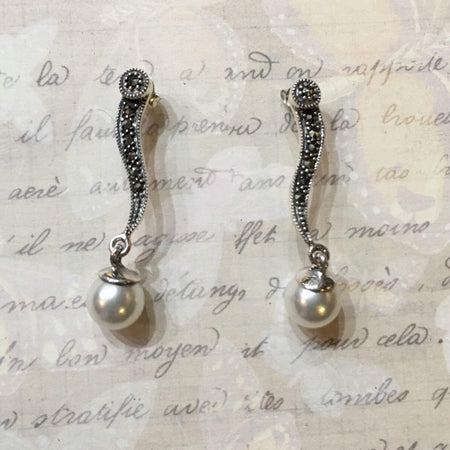 Pearl Earrings Silver Marcasite Wedding Bridal - The Hirst Collection