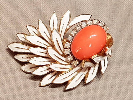 Jomaz Flower Leaf Brooch Coral White Crystal Vintage - The Hirst Collection