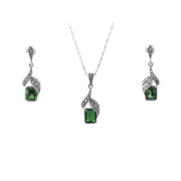 Art Deco Pendant Necklace Emerald Green Crystal Silver Vintage Wedding Bridal Bridesmaid - The Hirst Collection