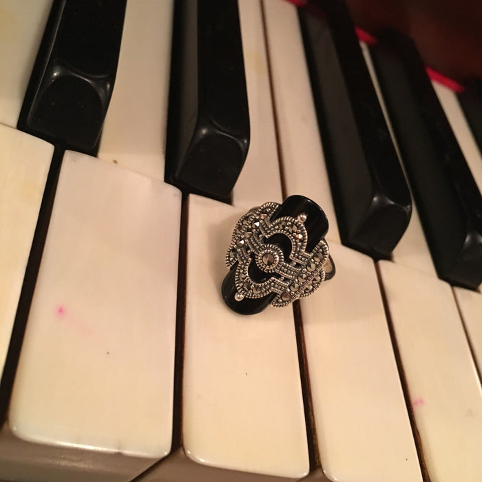 Art Deco Ring with Black Onyx and Marcasite detail - The Hirst Collection