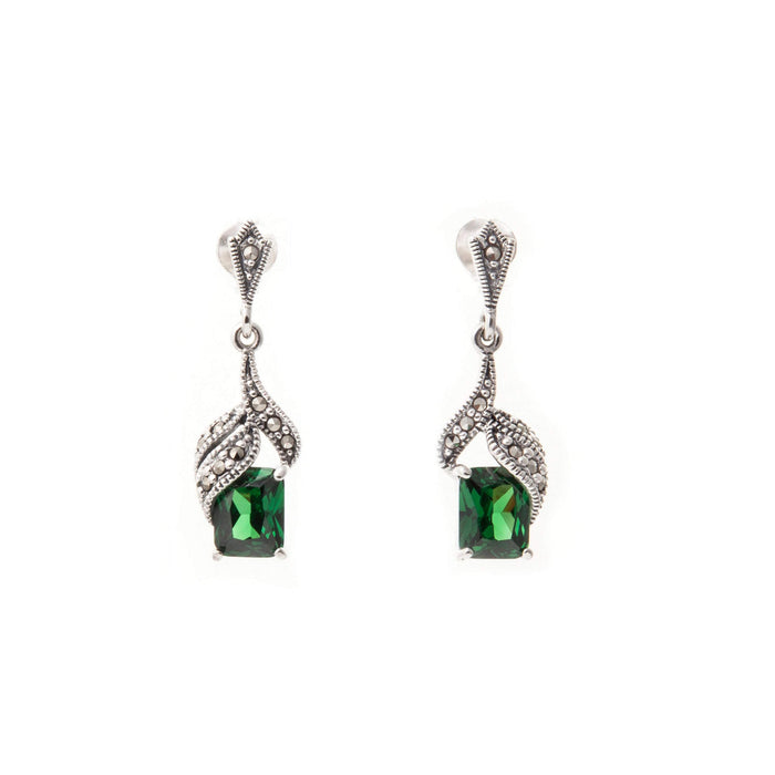 Art Deco Earrings Emerald Green Silver Marcasite  Crystal - The Hirst Collection