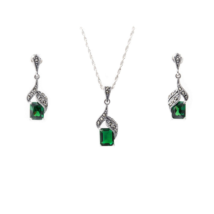 Art Deco Earrings Emerald Green Silver Marcasite  Crystal - The Hirst Collection