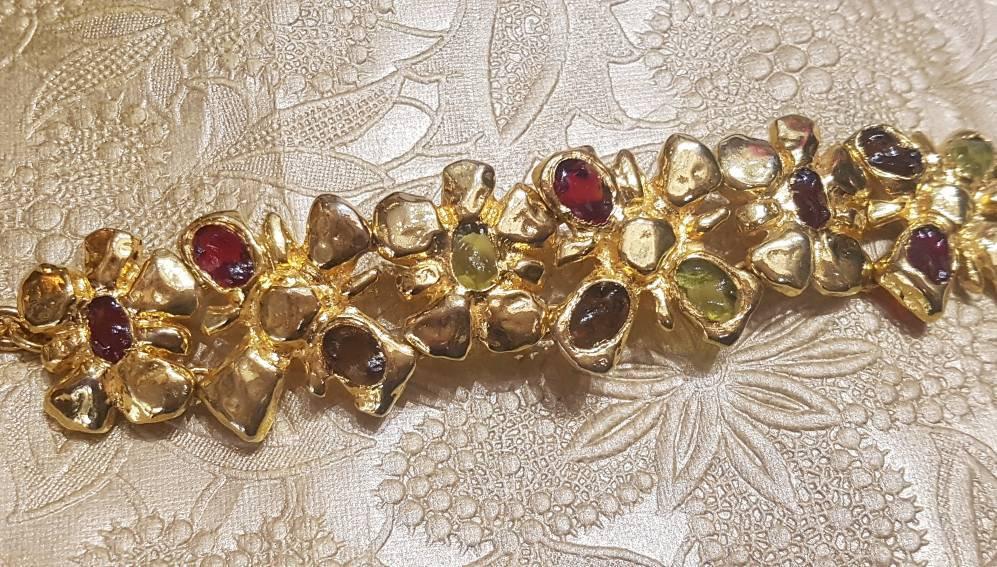 Christian Lacroix Bracelet Flower Gold Chain Link Red Green Glass - The Hirst Collection