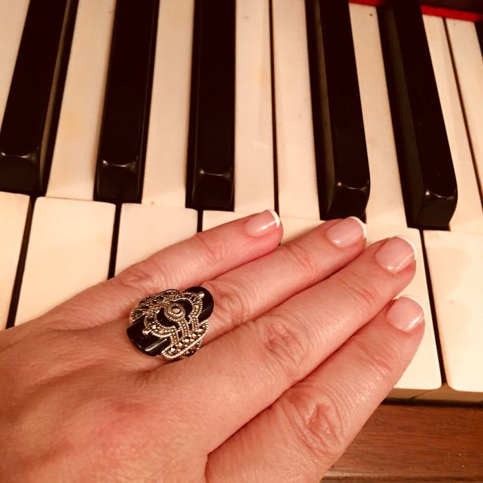 Art Deco Ring with Black Onyx and Marcasite detail - The Hirst Collection