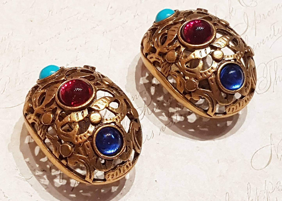 Oscar De La Renta Clip On Earrings Gold Big Glass Multi Stone Filigree Hoop - The Hirst Collection