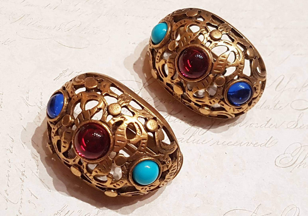 Oscar De La Renta Clip On Earrings Gold Big Glass Multi Stone Filigree Hoop - The Hirst Collection