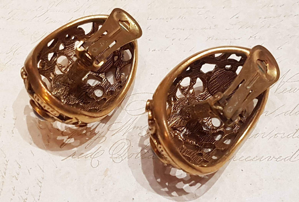 Oscar De La Renta Clip On Earrings Gold Big Glass Multi Stone Filigree Hoop - The Hirst Collection