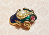 Vintage Frog Brooch Enamel Pearl Green Blue Glass Gold - The Hirst Collection
