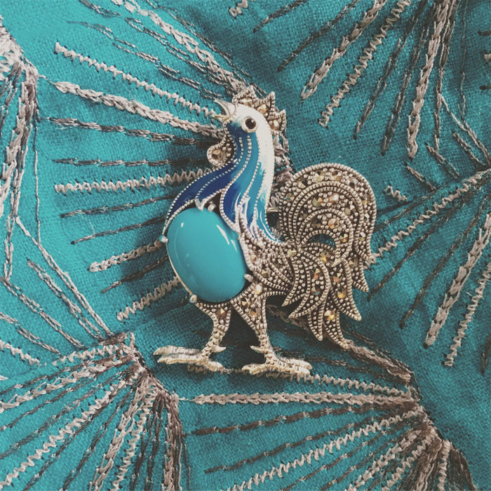 Blue Cockerel Brooch silver Marcasite enamel - The Hirst Collection
