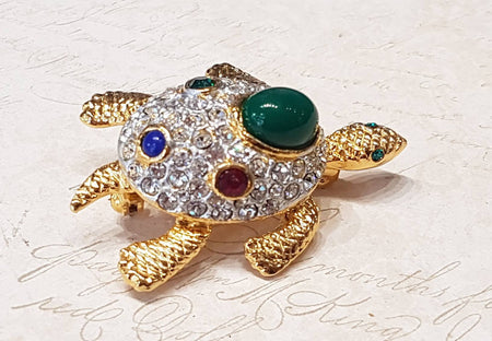 Sphinx Turtle Brooch Vintage Gold Glass Stone - The Hirst Collection