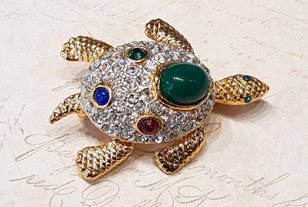 Sphinx Turtle Brooch Vintage Gold Glass Stone - The Hirst Collection