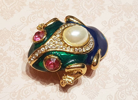 Vintage Frog Brooch Enamel Pearl Green Blue Glass Gold - The Hirst Collection