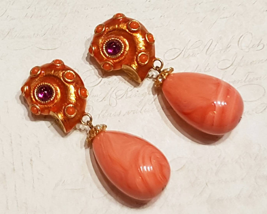 Yosca Seahsell Earrings Clip on Pink Coral Orange Chandelier Vintage - The Hirst Collection