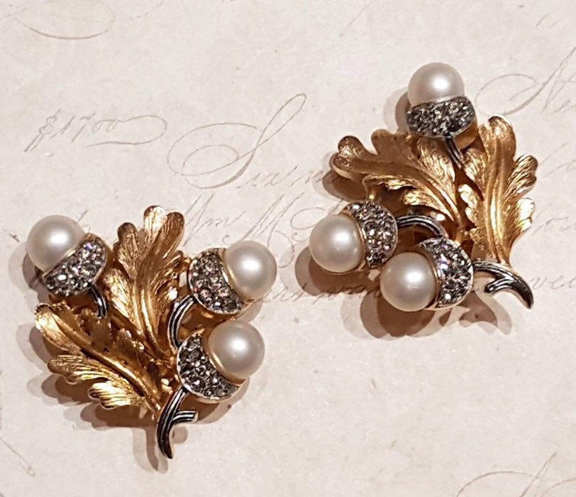 Trifari Vintage Pearl Earrings Clip On Leaf Acorn Gold Crystal - The Hirst Collection