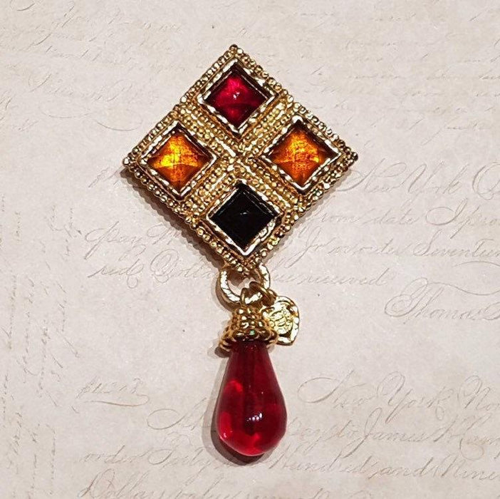 Edouard Rambaud Brooch Vintage Statement Gold Red Amber Glass - The Hirst Collection