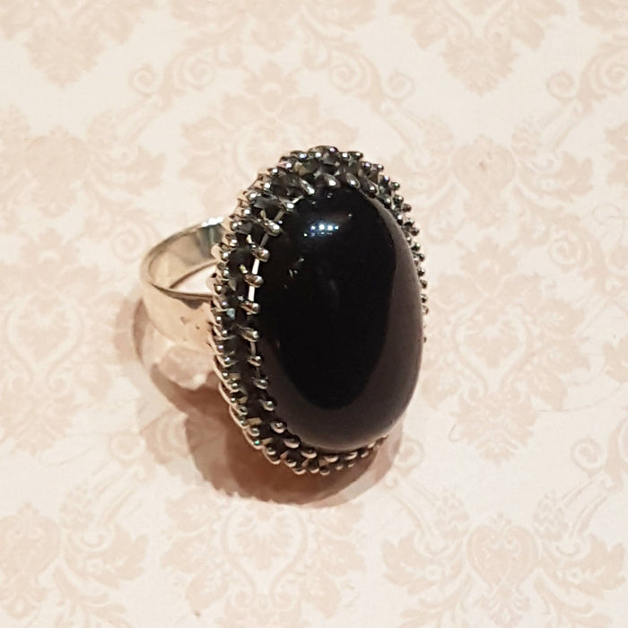 Large Oval Black Onyx Cocktail Ring Silver Marcasite - The Hirst Collection