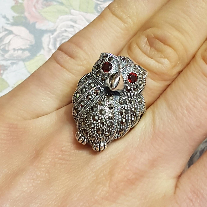 Owl Ring Silver Marcasite Cocktail Large - The Hirst Collection