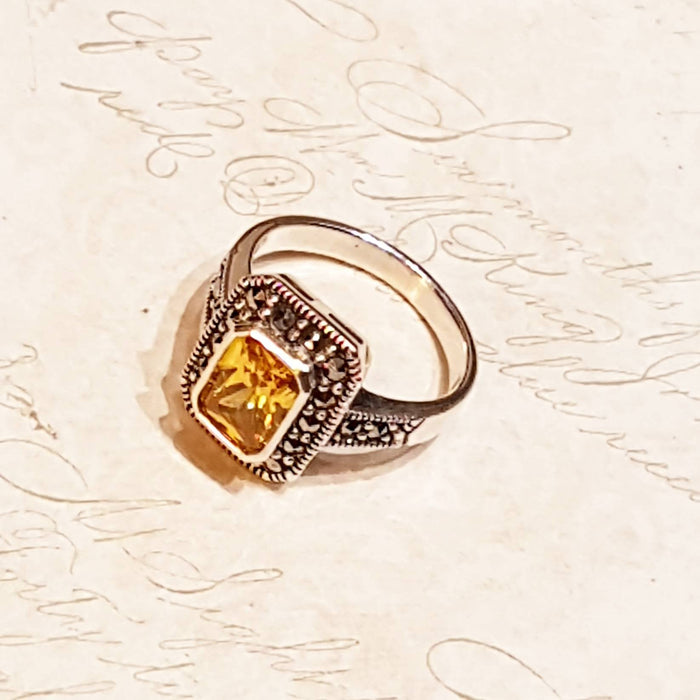 Princess Solitaire Citrine Silver Marcasite Square Ring - The Hirst Collection
