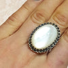 Large Oval Mother of Pearl Cocktail Ring Silver Marcasite - The Hirst Collection