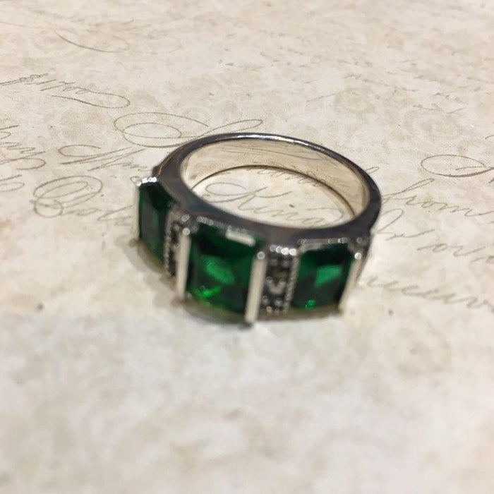 Emerald Crystal Triple stone  Trilogy Silver Ring - The Hirst Collection