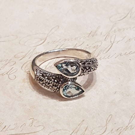 Blue topaz duo ring in silver with Marcasite - The Hirst Collection