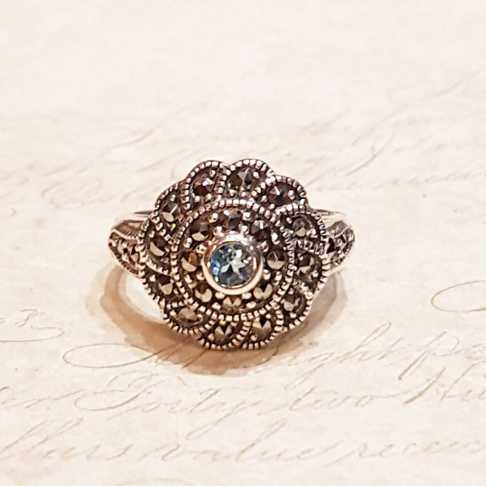 Blue Topaz silver Marcasite Swirl ring - The Hirst Collection