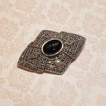 Art Deco Brooch Silver Marcasite Black Onyx - The Hirst Collection