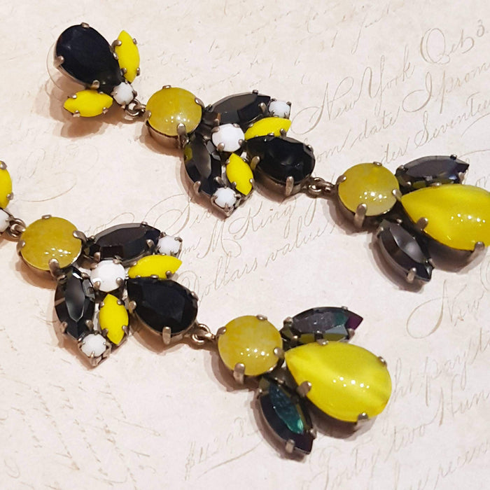 Black Yellow White Glass and Crystal Chandelier Pierced Earrings by Frangos - The Hirst Collection