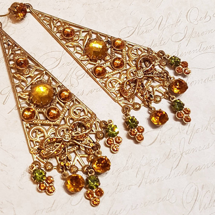 Askew London Amber Yellow  Earrings bows Vinatge Glass Chandelier Filigree Unsigned Pierced - The Hirst Collection