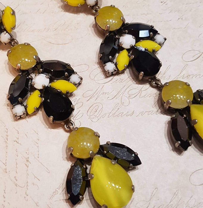 Black Yellow White Glass and Crystal Chandelier Pierced Earrings by Frangos - The Hirst Collection
