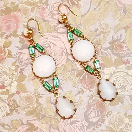 Askew London Earrings Chandelier White Glass Gold Green Unsigned - The Hirst Collection