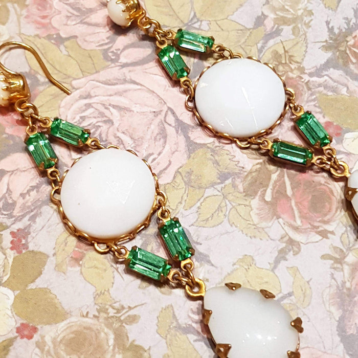 Askew London Earrings Chandelier White Glass Gold Green Unsigned - The Hirst Collection