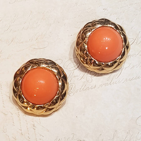 Nina Ricci Clip On Earrings Round Gold Coral Vintage - The Hirst Collection