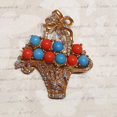 Butler & Wilson Brooch Basket of Swarovski Crystal flowers Coral Turquoise Glass - The Hirst Collection