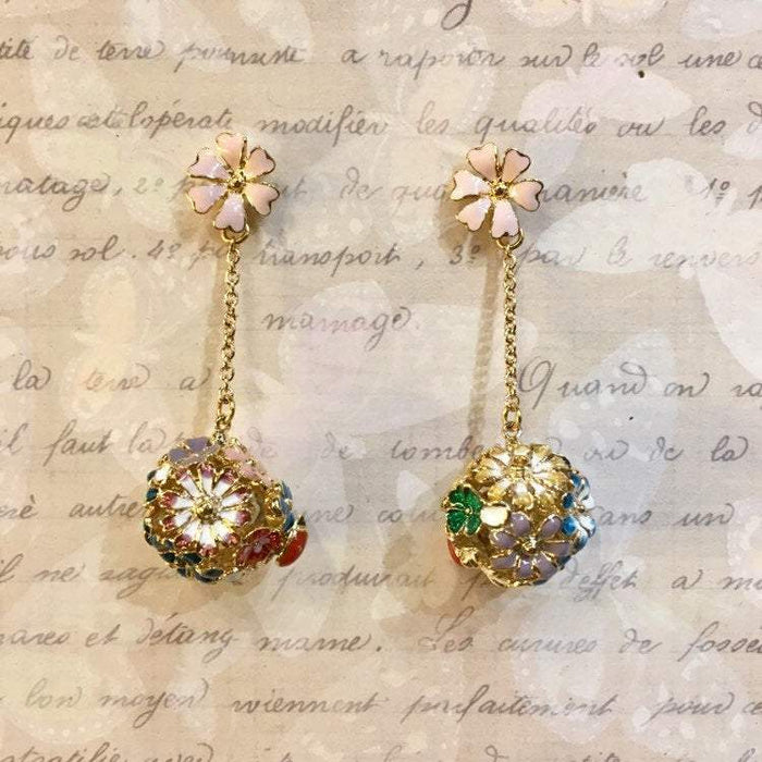 Bill Skinner Flower Earrings Chain Floral Orb Enamel Gold - The Hirst Collection