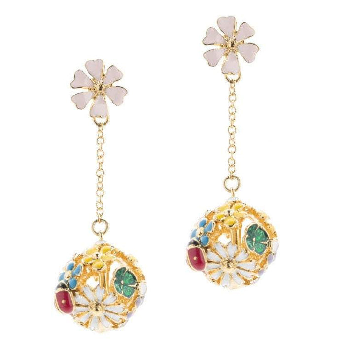 Bill Skinner Flower Earrings Chain Floral Orb Enamel Gold - The Hirst Collection