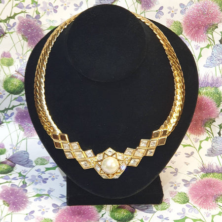 Christian Dior Necklace Gold Chain Pearl Crystal Vintage - The Hirst Collection